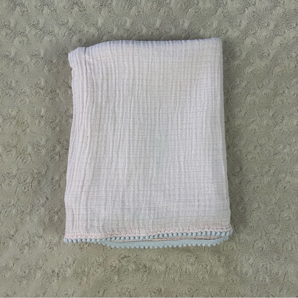 Chick Pea Solid Pink Baby Swaddle Blanket Muslin Gray Pom Pom Edge Trim